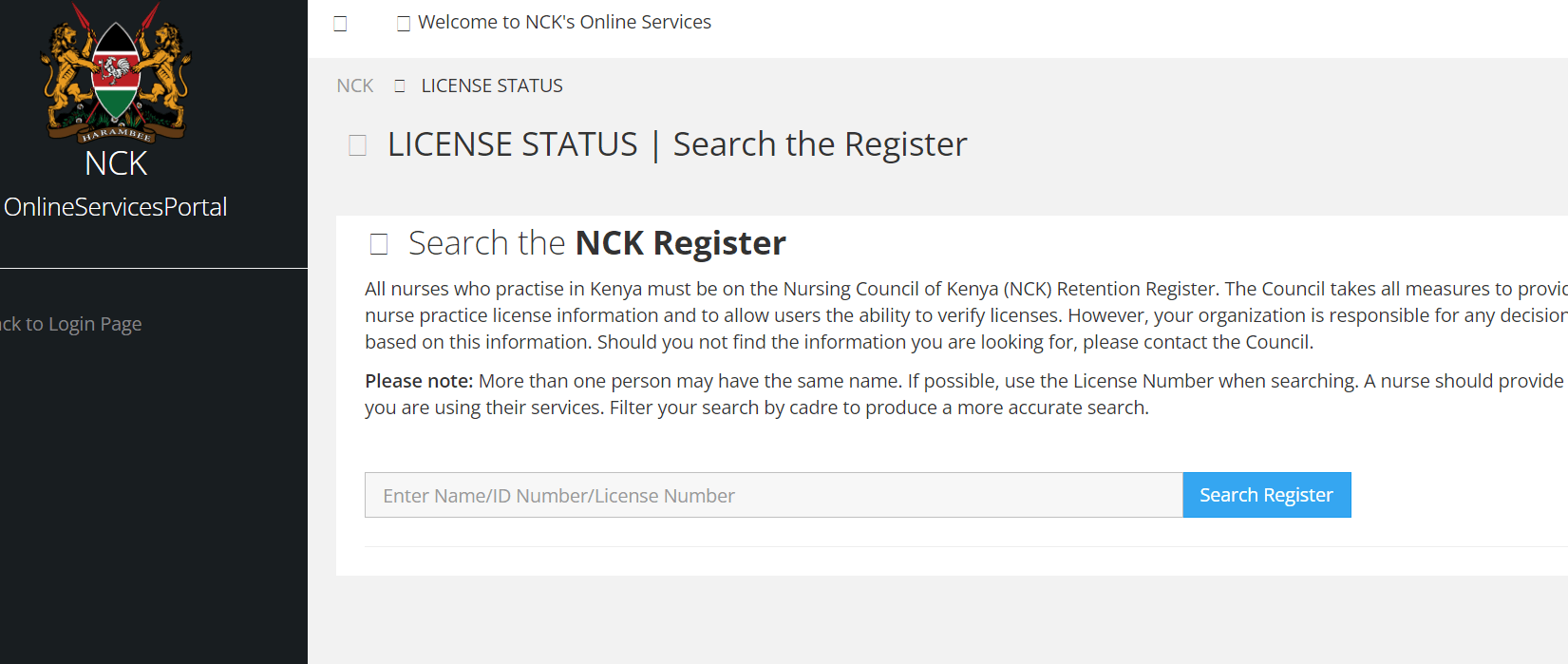 NCK Portal Licence Status Online