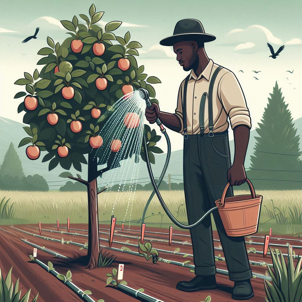 Watering apple trees in Kenya