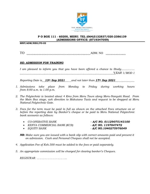 KUCCPS Admission Letter