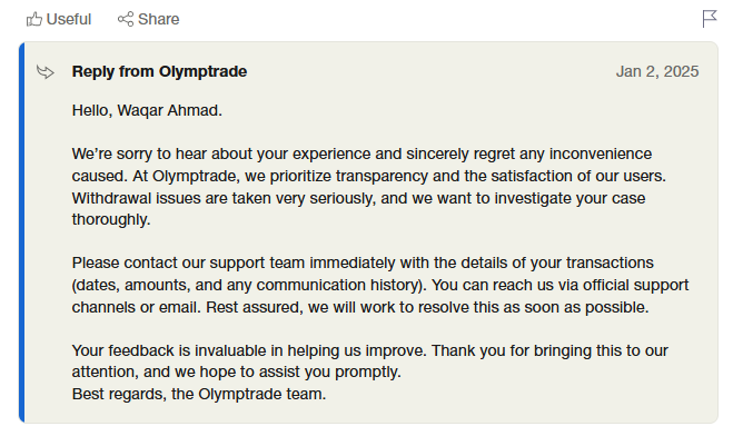 But the Olymp Trade support responds to all comments and reviews. Here's their response to above review.